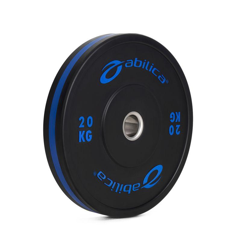 Sort Abilica BumperPlate på 20 kg med blå markering og stålring